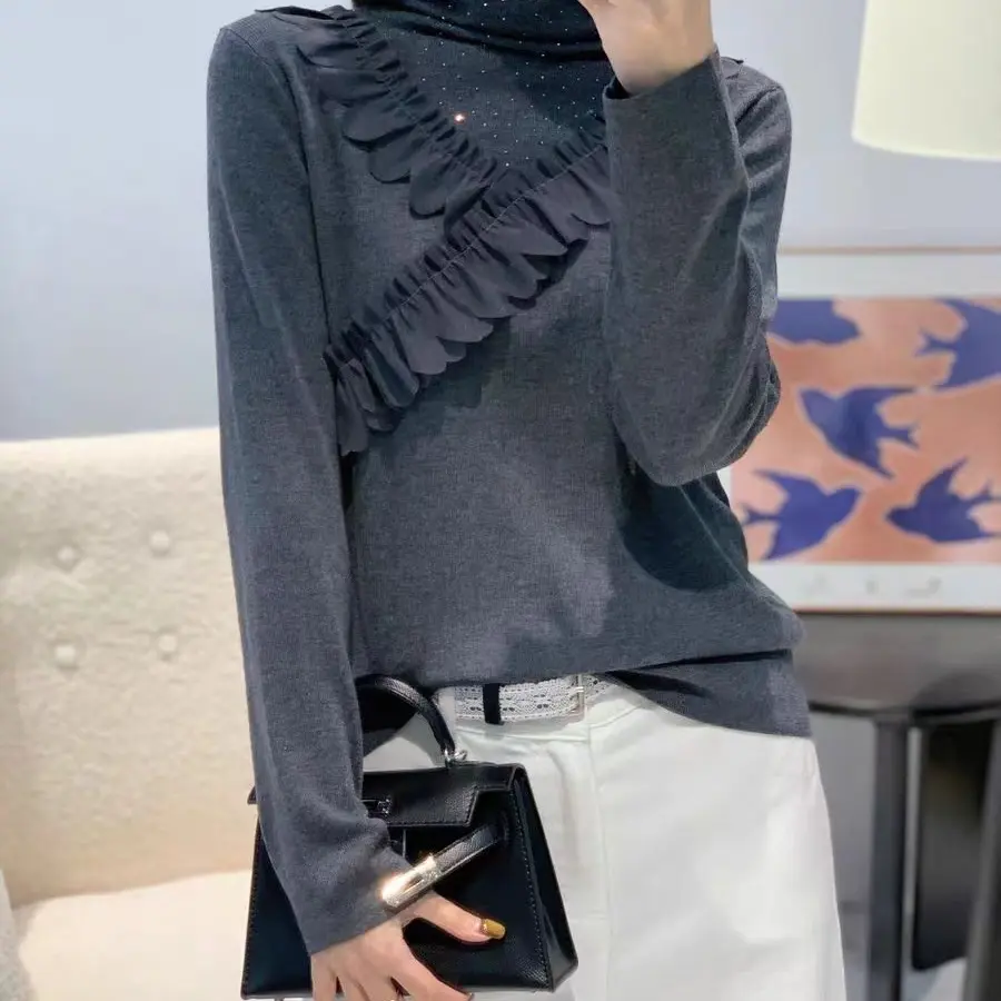 6909含羊毛烫钻半高领针织打底衫女秋冬百搭内搭