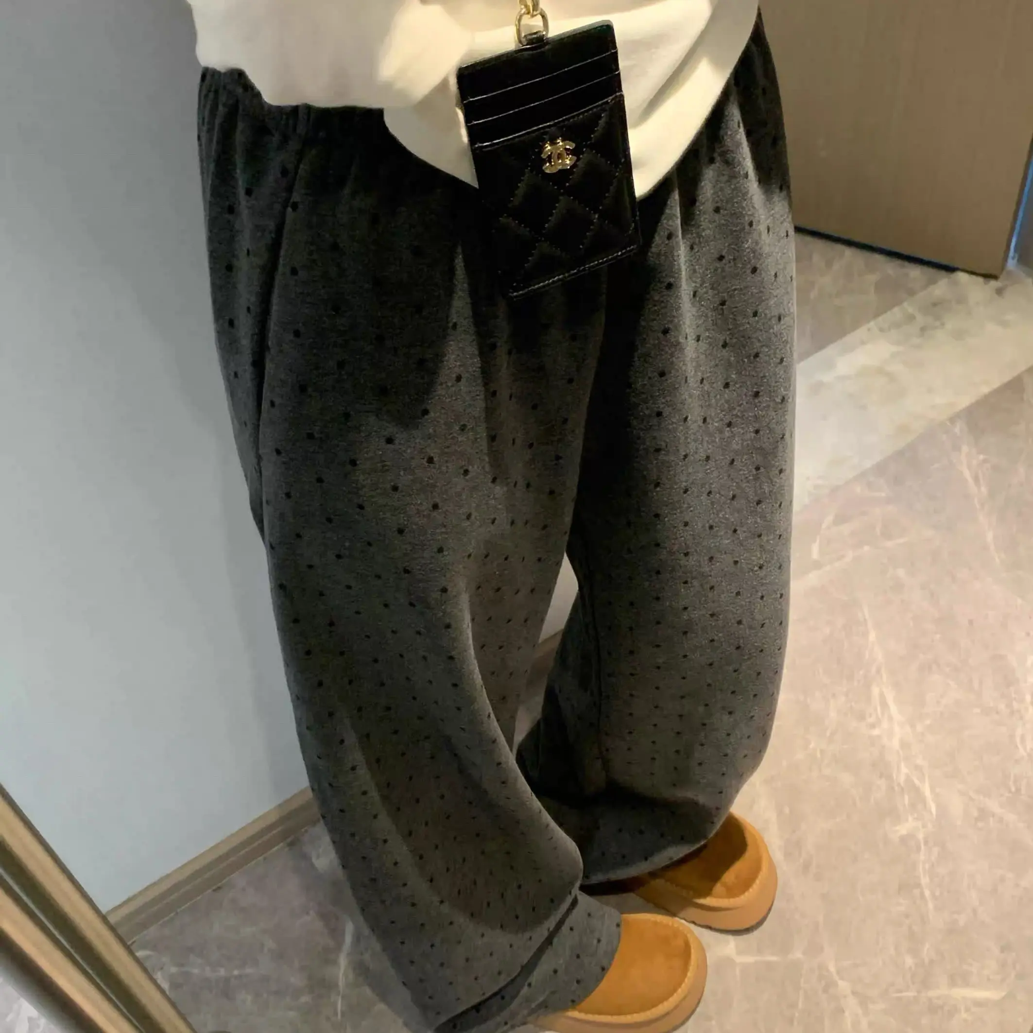 【甲木欧韩原单】花灰波点阔腿毛呢裤/艾6668