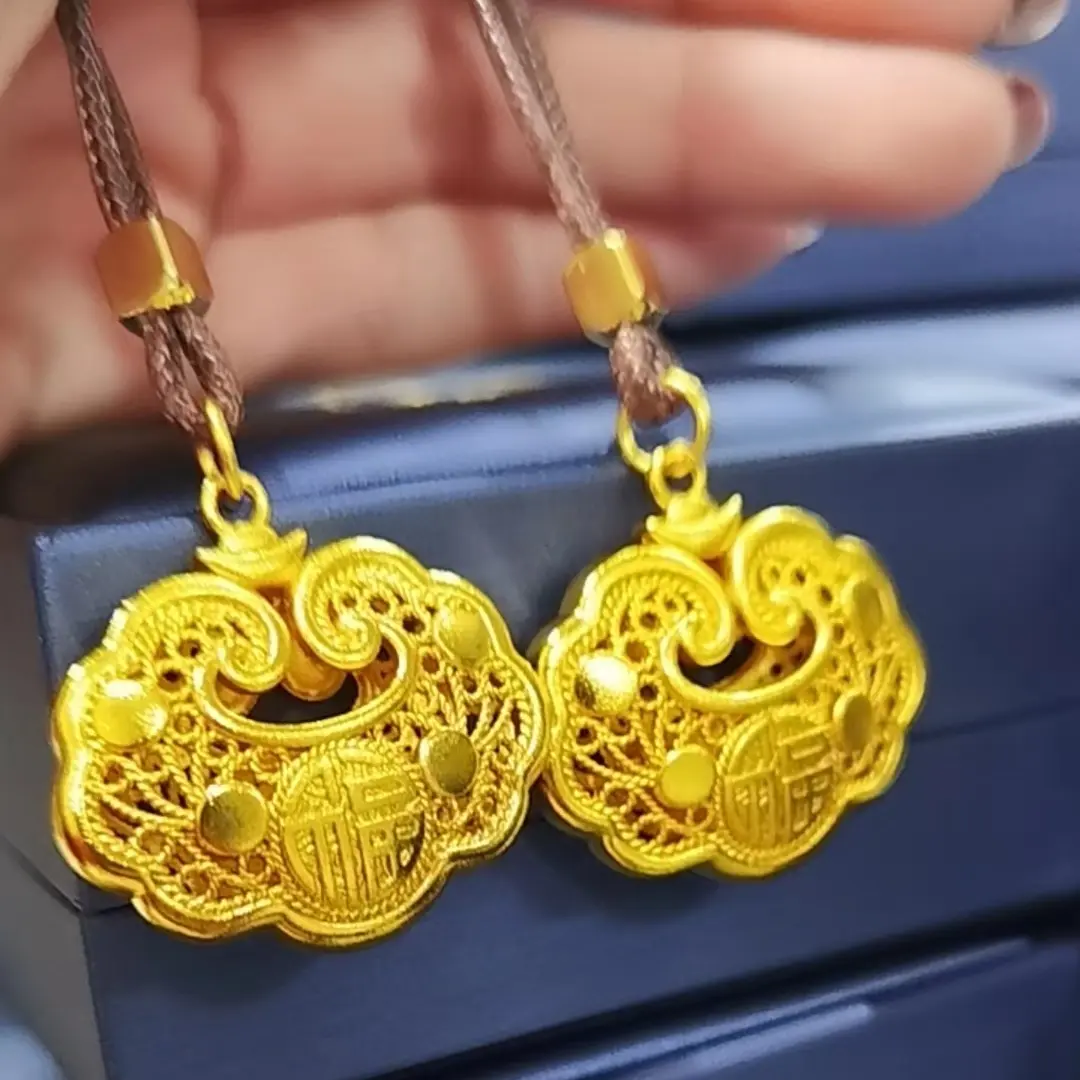 合金吊坠 铜合金古法金色大号实心长命锁吊坠时尚项链饰品