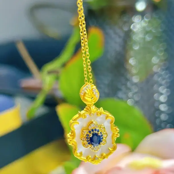  925银镶嵌天蓝宝石吊坠项链简约时尚大气 拜占庭风高级设计