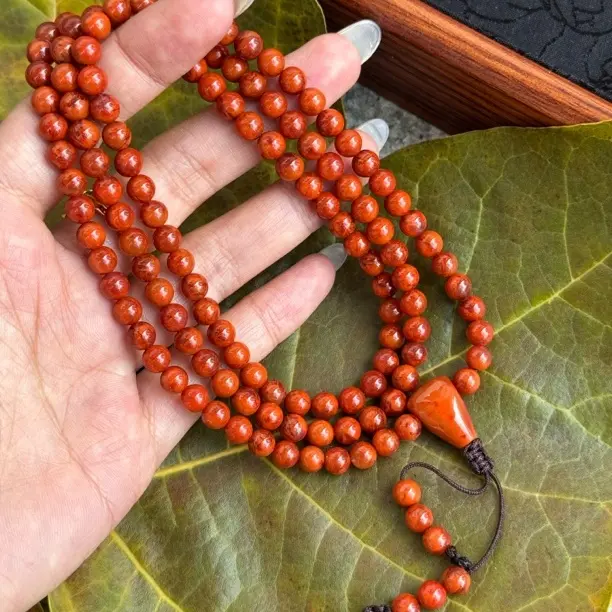 7号 南红玛瑙原矿无胶裂带凉山证书 四川九口火焰纹108多圈 6mm