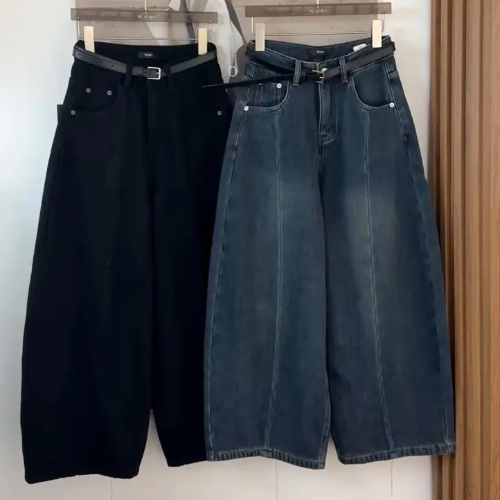 韩系复古高腰显瘦加绒加厚宽松弯刀阔腿牛仔长裤秋冬季百搭