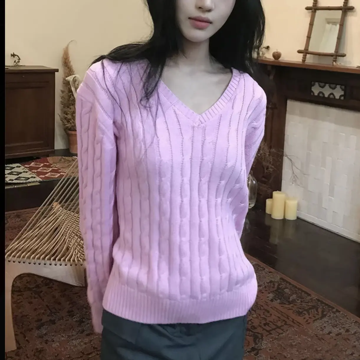粉色V领麻花毛衣套头针织衫女学院风上衣内搭修身长袖2025秋冬