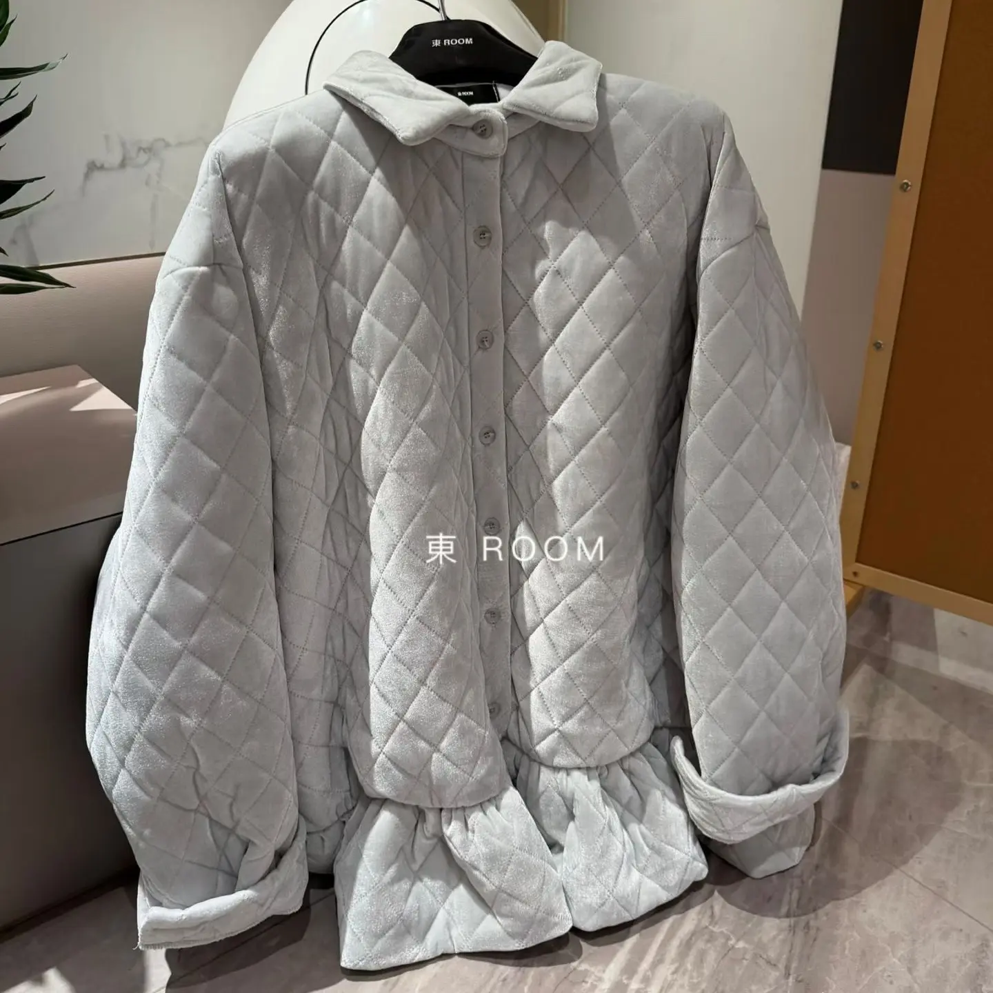 62522#【東Room】新款韩系慵懒丝绒菱格纹棉服外套