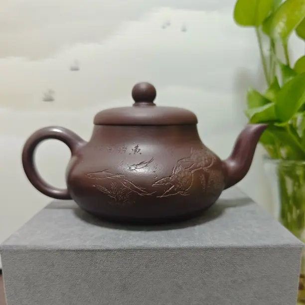 【北武紫砂】君德紫砂壶220cc 石红泥料 宜兴原矿老料 手工刻绘