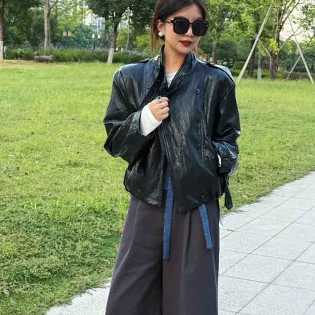 露露JIA【立领皮衣】秋季纽扣常规皮衣韩版扎染蜡皮复古港风时尚