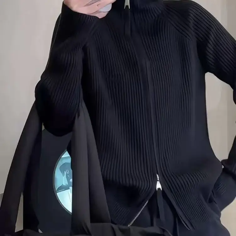 秋冬韩版双拉链高领针织开衫女宽松慵懒风加厚坑条外搭毛衣新款