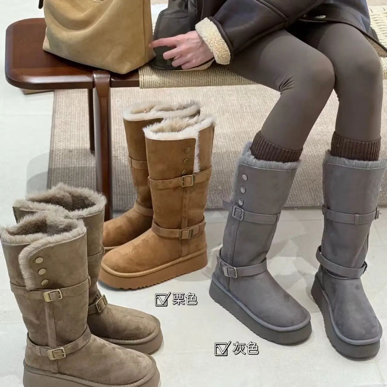 两穿百搭小个子厚底长筒雪地靴女2025冬季新款机车保暖增高长筒靴