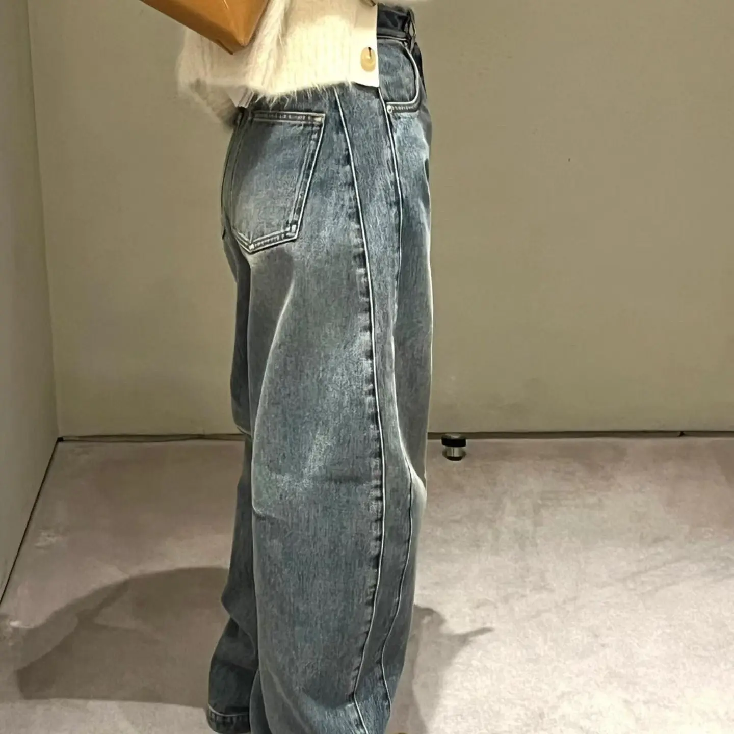 美式复古弯刀牛仔裤秋冬斜切显腿长微喇工装裤