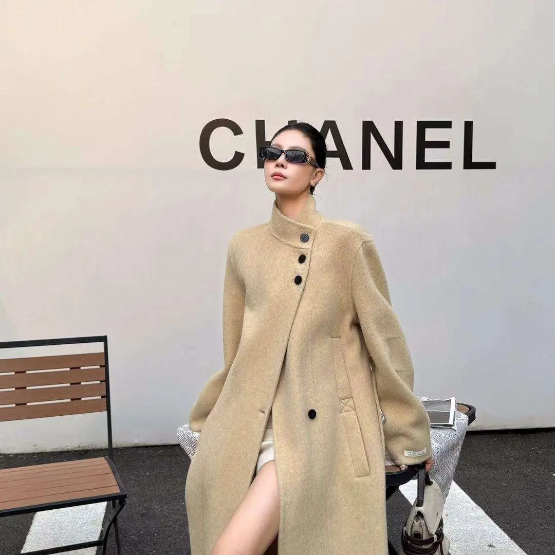 气质简约宽松立领双面大衣秋冬新款长款