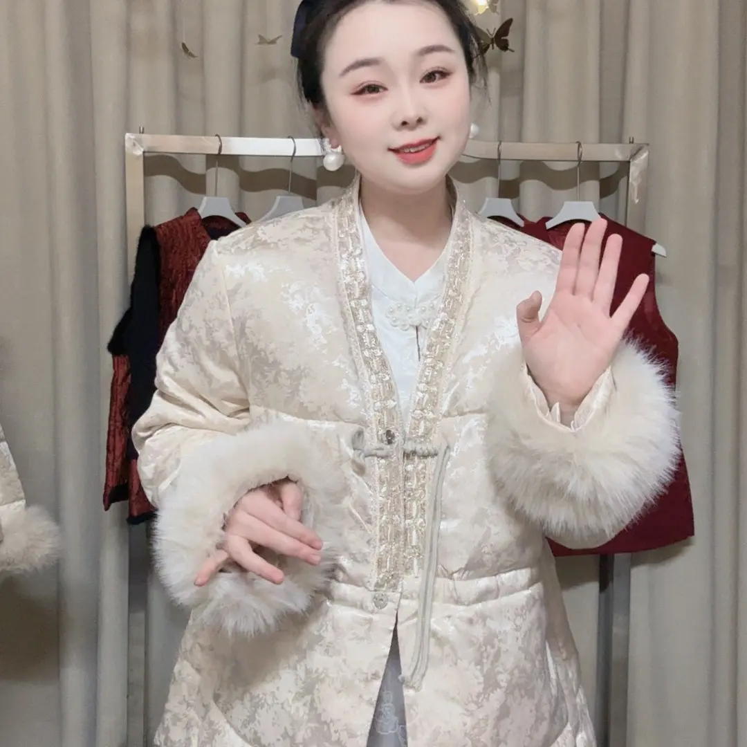 （美婷）大码胖MM过年新中式V领提花收腰显瘦保暖加厚女士棉服外套