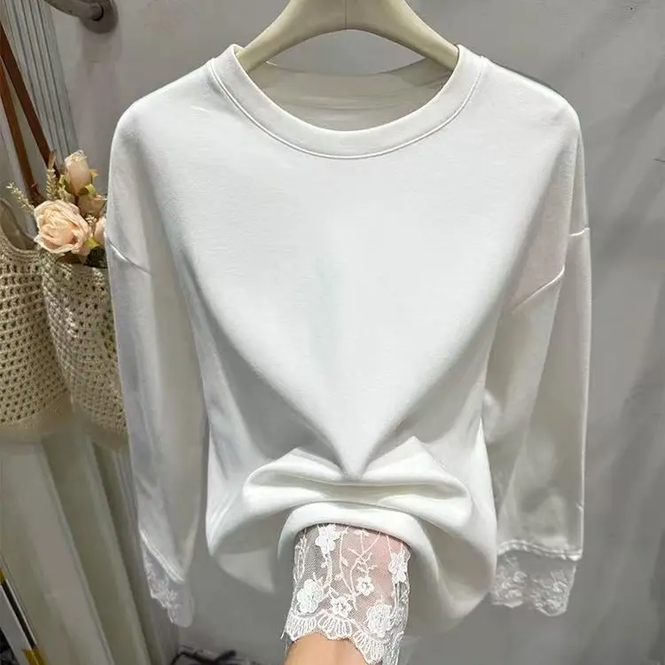 白色蕾丝长袖加绒中长T恤女秋冬内搭打底衫