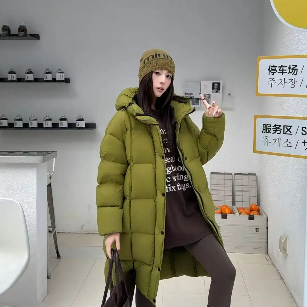 连帽长款白鸭绒加厚保暖韩系羽绒服