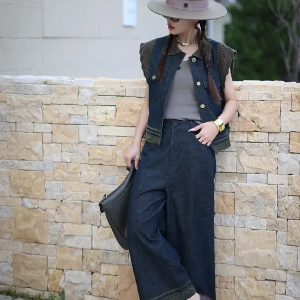 欧货牛仔秋季宽松显瘦设计感时尚百搭马甲阔腿裤套装3854