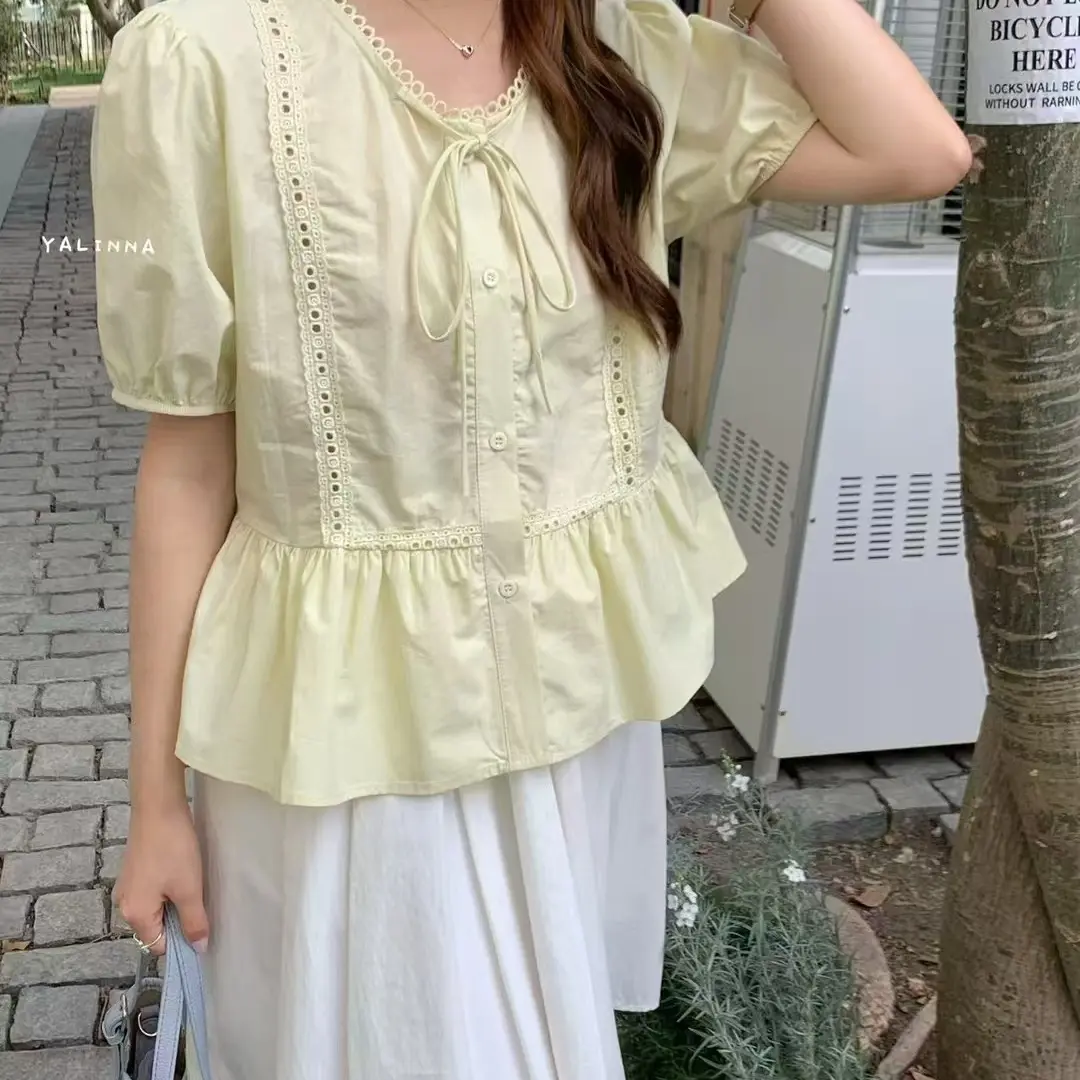 韩版圆领花边短袖衬衫夏季气质百搭设计感减龄短款上