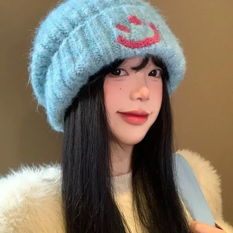 网红笑脸针织毛线帽时尚女冬季加厚保暖包头冷帽大头围显脸小帽子