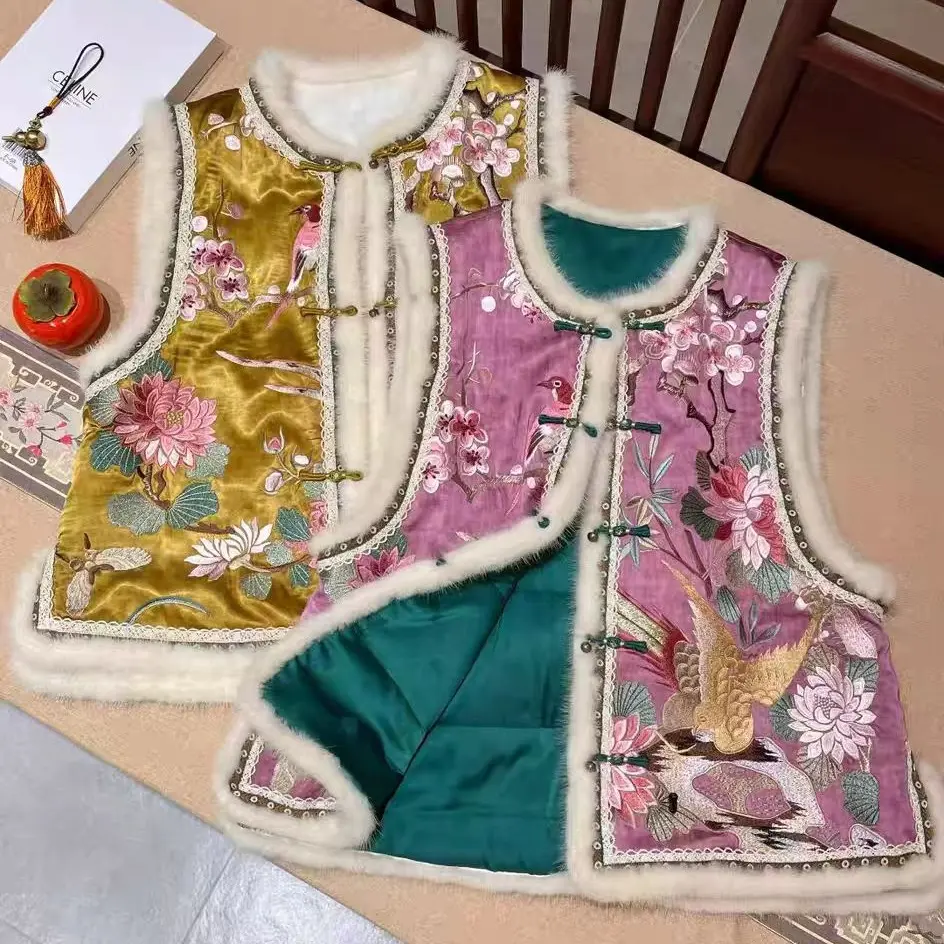 刺绣马甲圆领民族风厚款冬季马夹复古提花加厚加绒