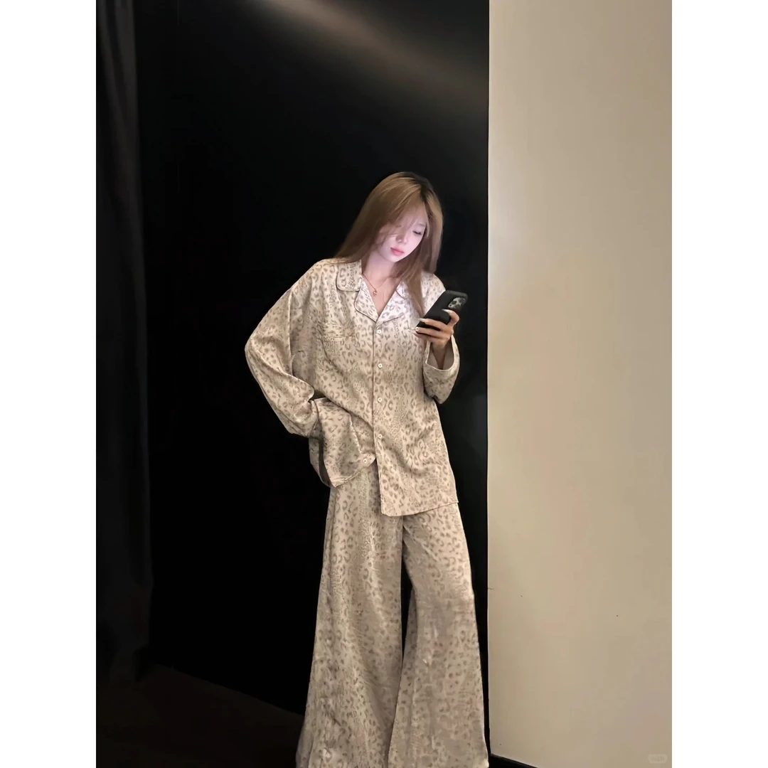 睡衣女春秋长袖长裤云朵棉高档可外穿豹纹家居服设计感网红风套装