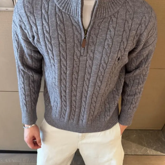 秋冬复古小马标麻花浮雕加厚半拉链毛衣