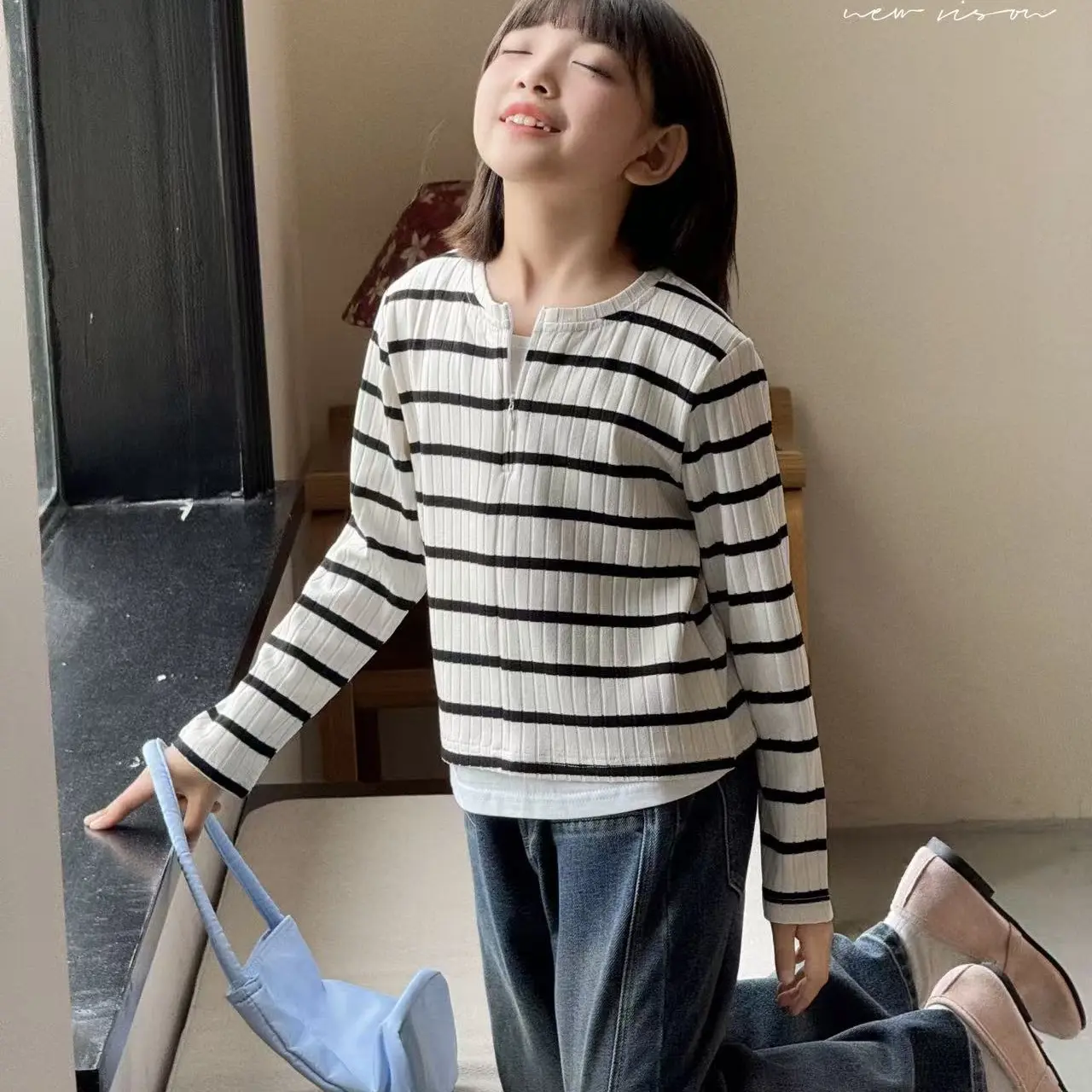【粉红童话】条纹针织衫秋冬针织衫秋季法式宽松型长袖假两件打底衫