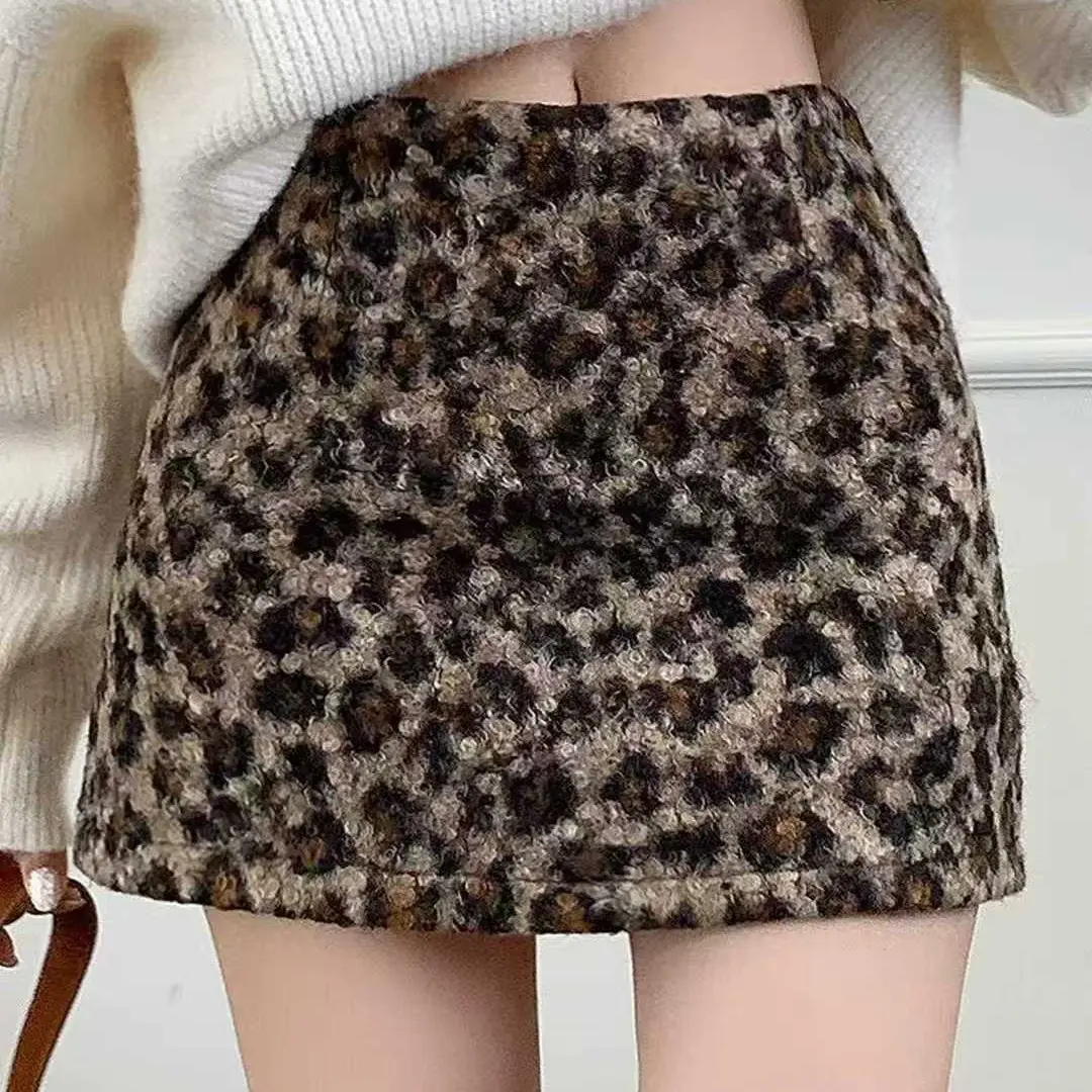 【FF】秋冬豹纹羔羔毛高腰显瘦A字包臀半身短裙女