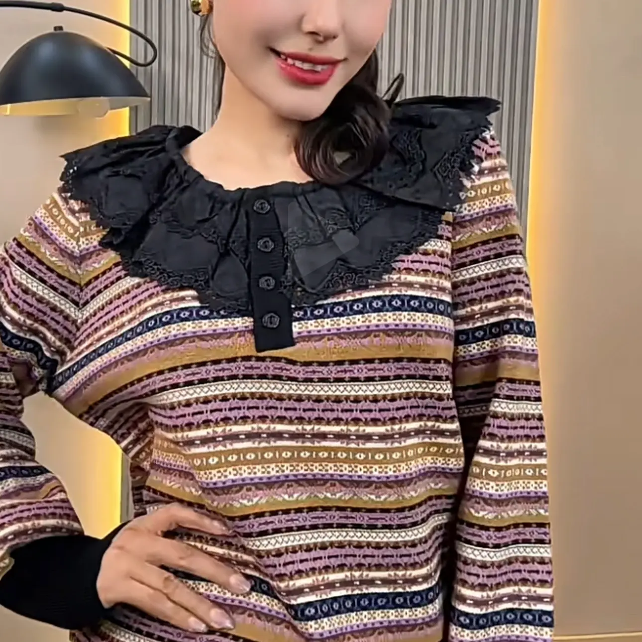 长袖防静电荷叶边T恤针织休闲洋气圆领娃娃领拼接