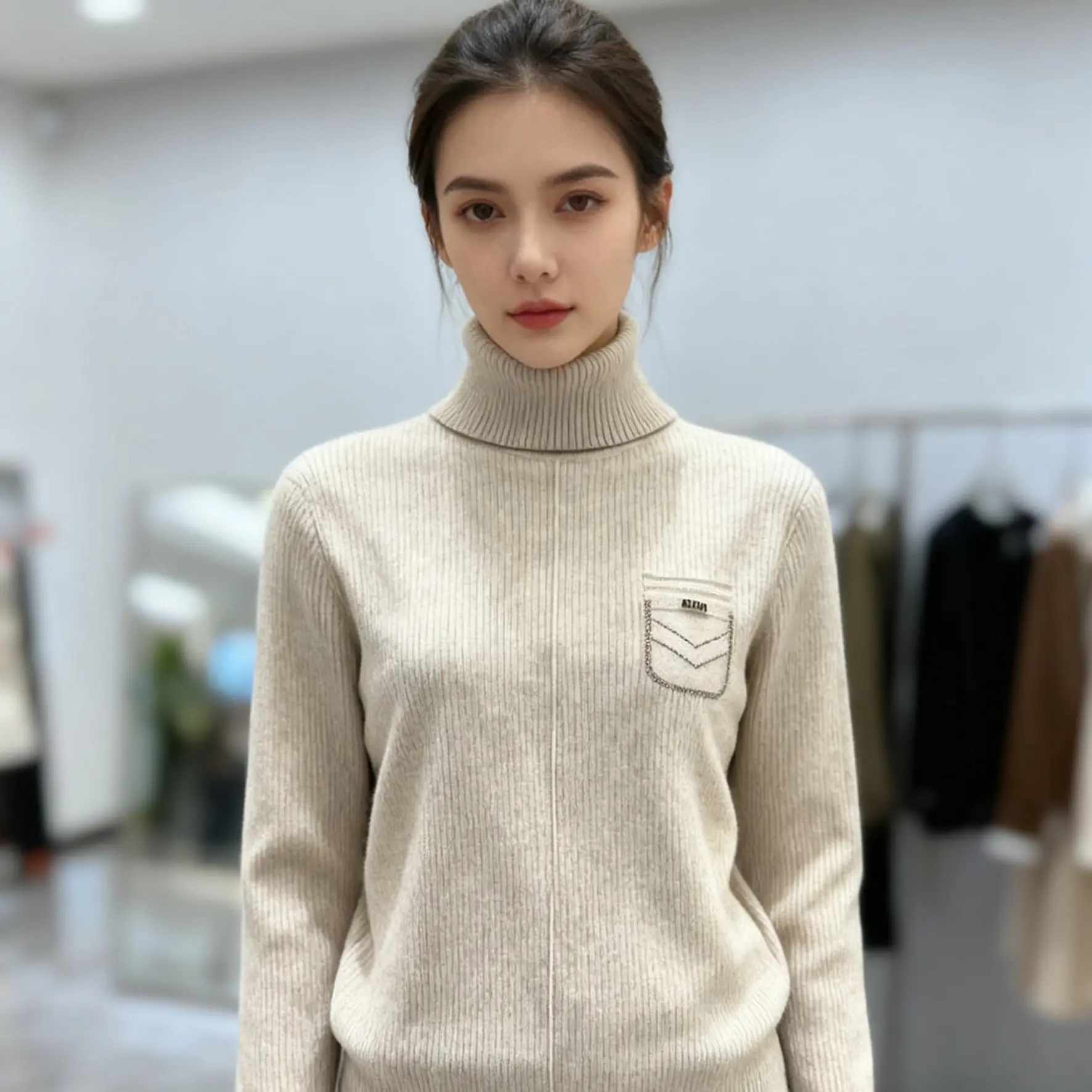 9766#毛针织衫秋冬长袖加绒加厚包芯纱针织衫纯色