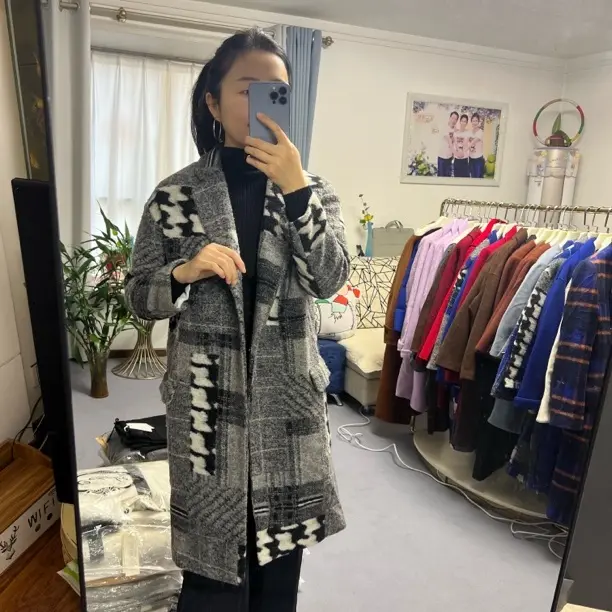 韩版西装领格纹双面穿大衣女长款加厚宽松时尚保暖毛呢外套秋冬