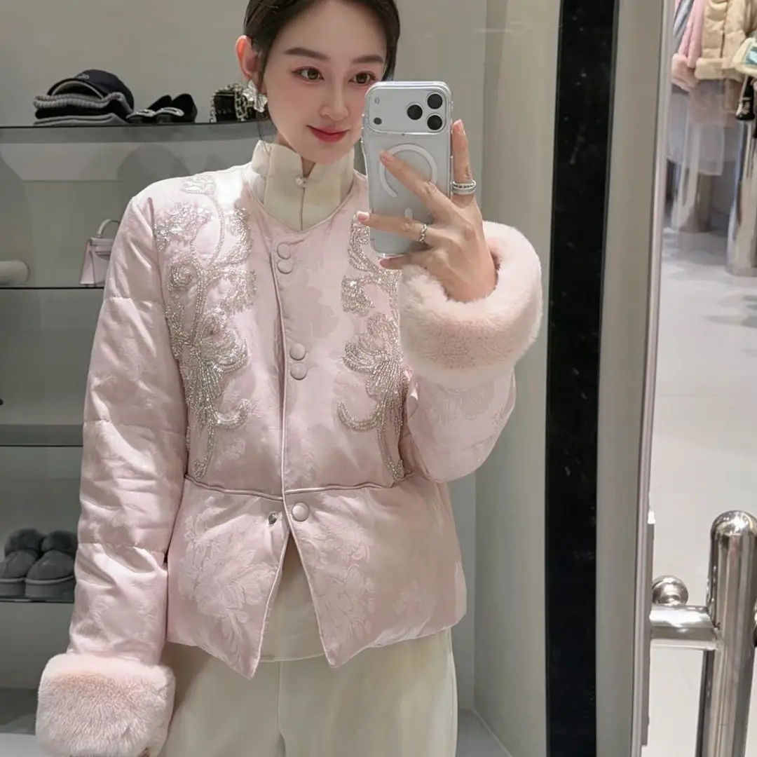 新中式国风重工刺绣拼水貂领袖鹅绒保暖气质冬季女