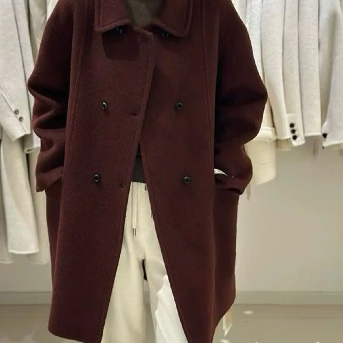 秋冬新款中长款双面羊毛大衣宽松外套简约百搭