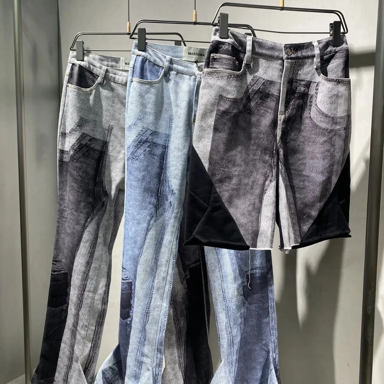 MASHAMA复古港风直筒裤印花水洗牛仔裤秋季嘻哈风提花无弹