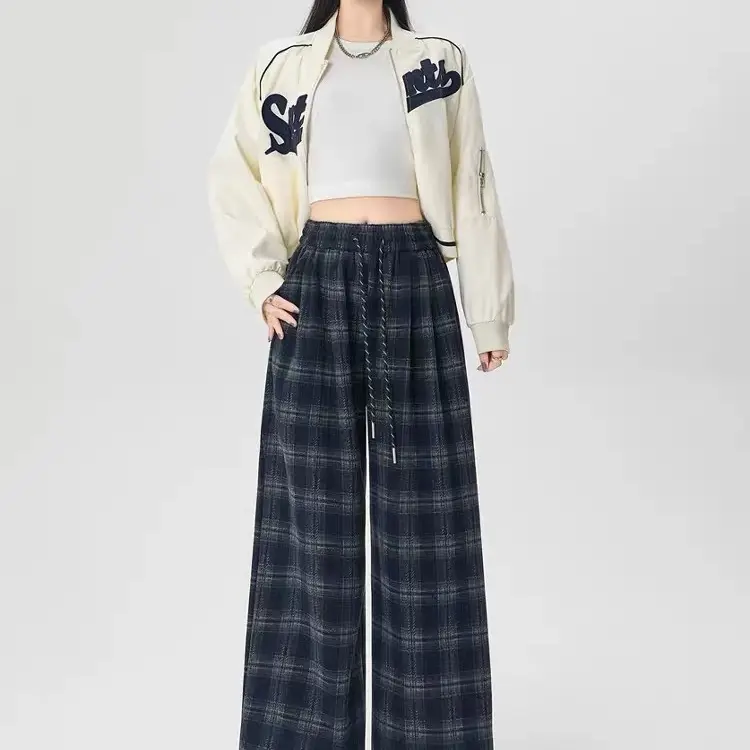 米粒家6676加绒毛呢格子高腰窄版直筒裤女秋冬百搭显瘦休闲裤