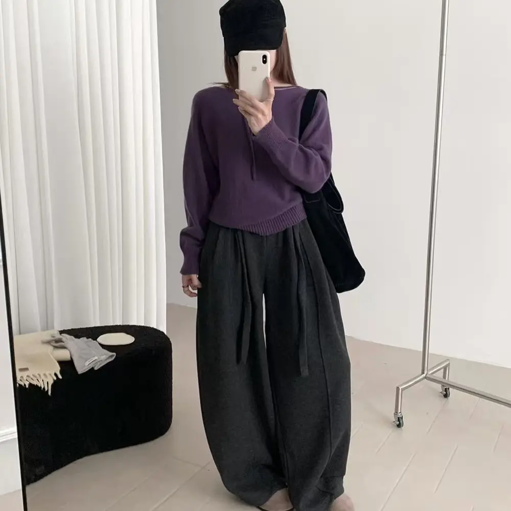 秋冬新款复古高腰显瘦宽松垂感羊绒毛呢弯刀阔腿休闲裤