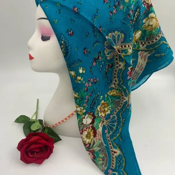 烫钻印花民族风乔其纱丝巾女士春秋薄款百搭护颈围巾蓝色时尚