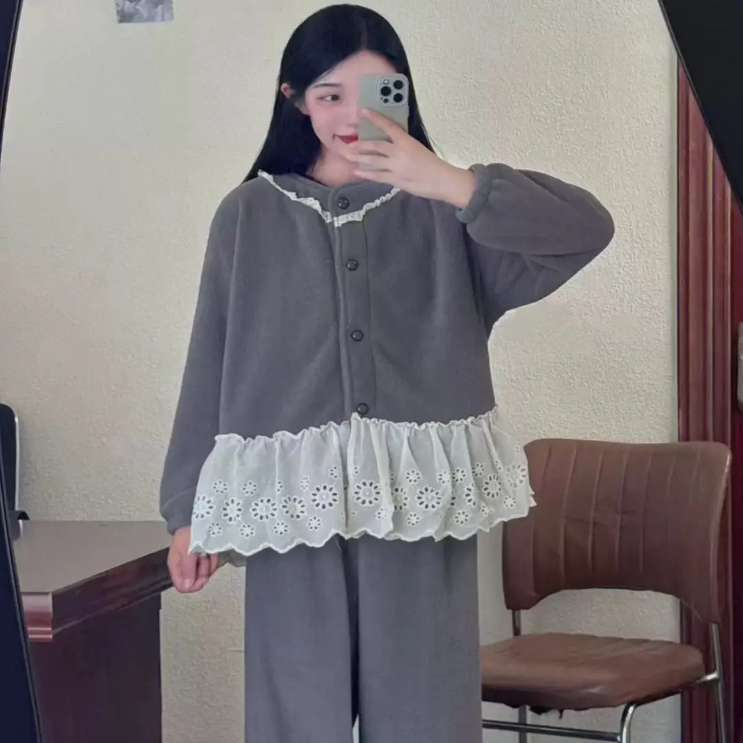 下摆带花边可外穿雪粒绒春秋款家居服睡衣