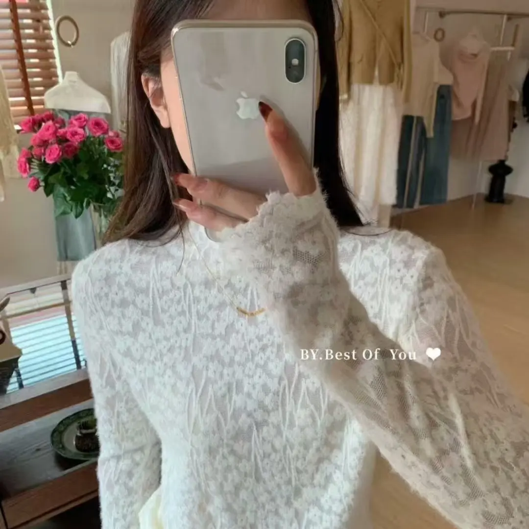 纯欲风蕾丝拼接半高领花朵气质长袖T恤秋冬显瘦百搭打底女装上衣