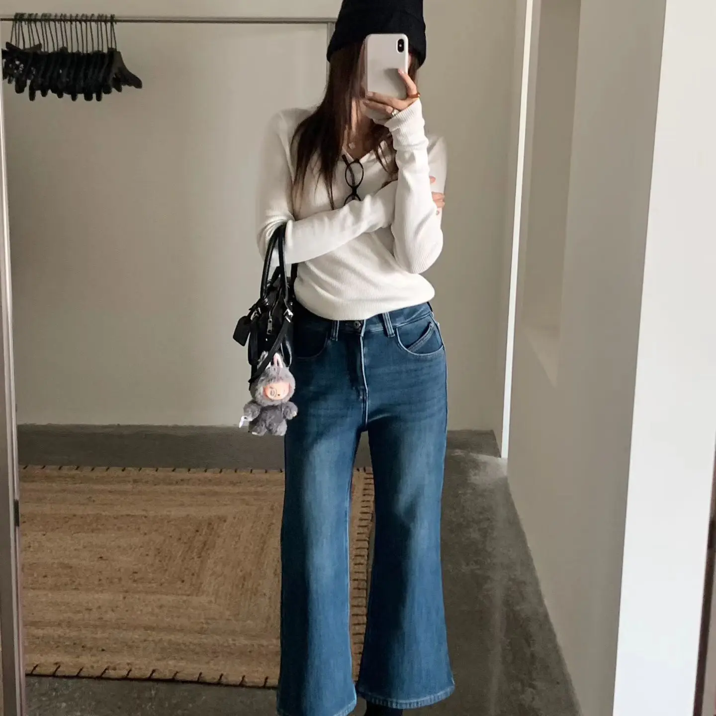 小个子四面弹高腰显瘦微喇牛仔裤厚绒保暖百搭，裤长92