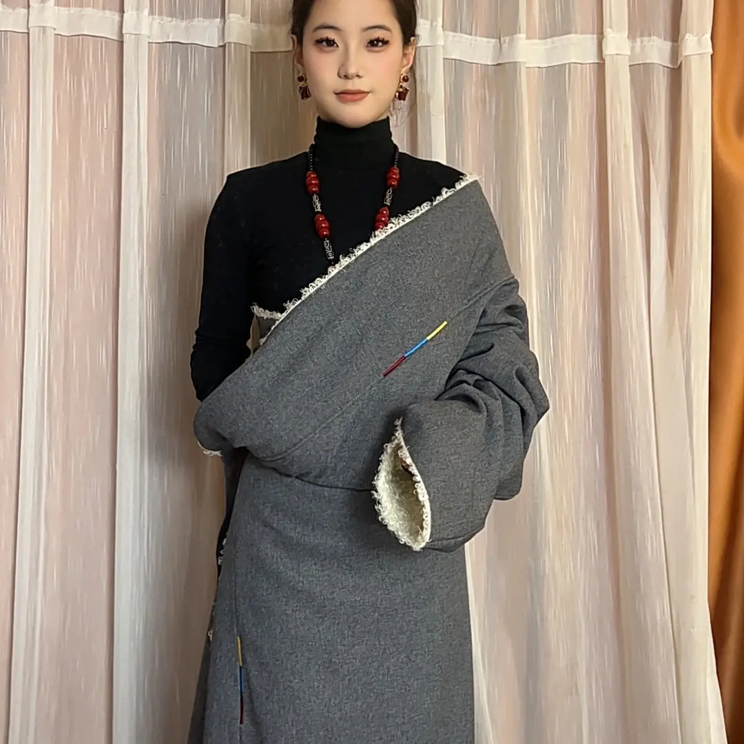 女士冬季加绒加厚藏袍民族服饰康巴风格保暖藏式服装布毛一体