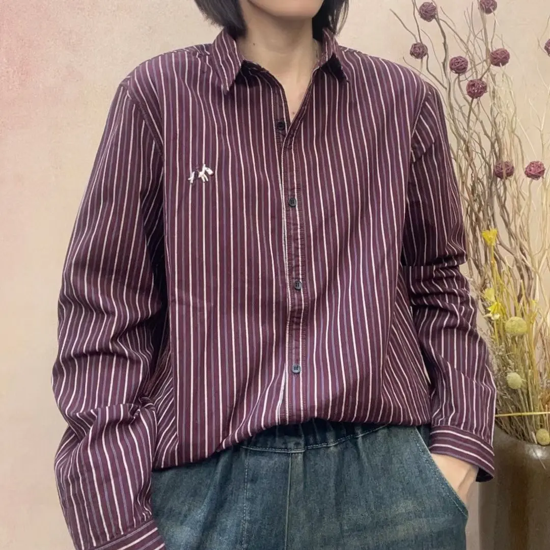 纯棉条纹长袖衬衫女秋冬新款显瘦百搭全棉条纹气质上衣内搭外穿