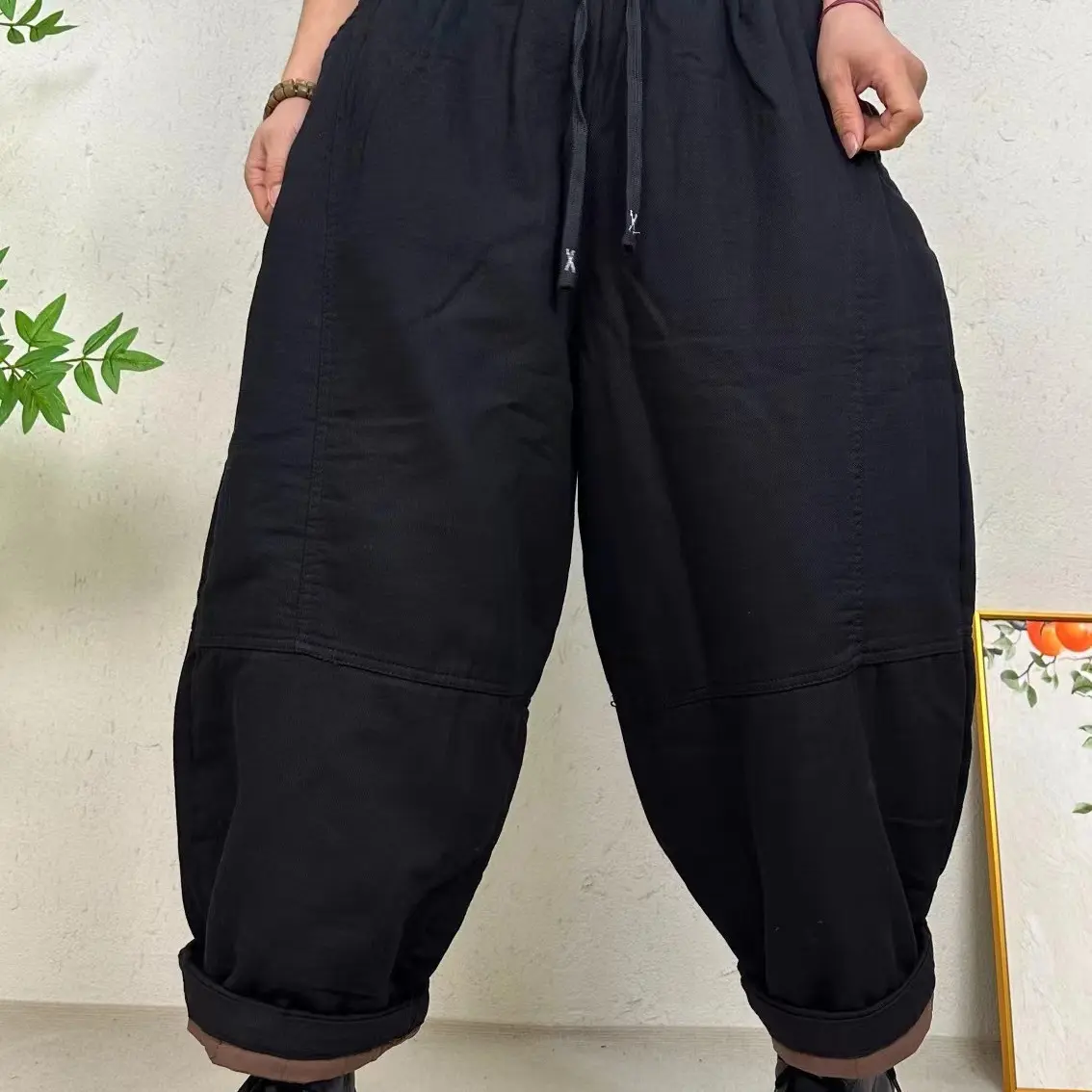 冬季复古做旧加棉加厚哈伦裤女宽松阔腿休闲显瘦长裤