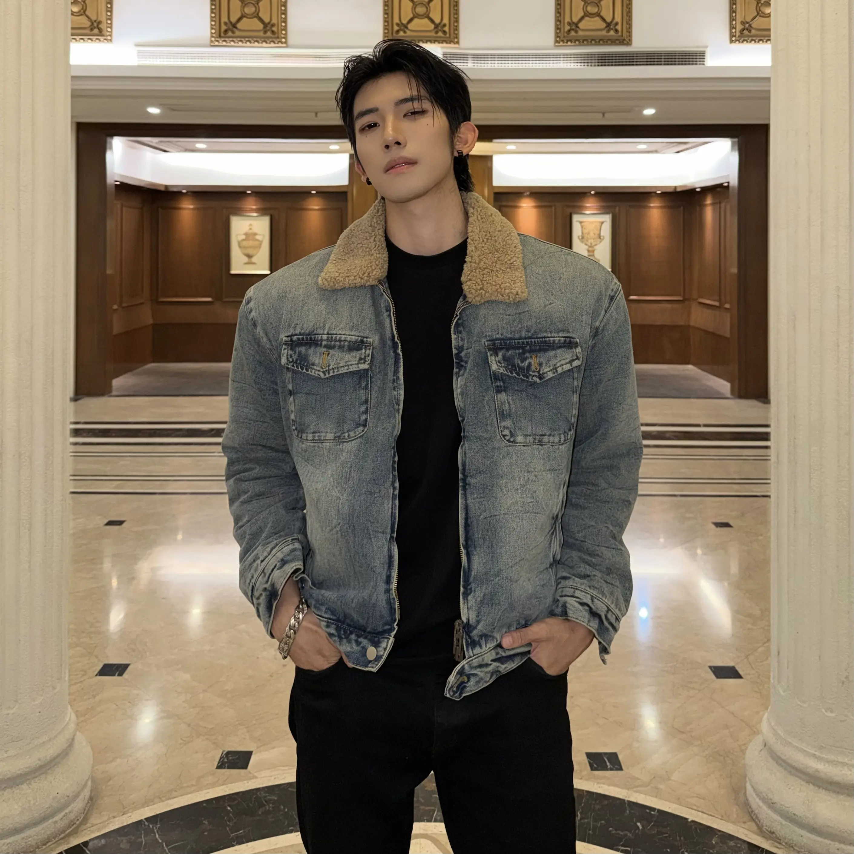 NeverEnd陶哥严选冬季加绒加厚保暖翻领水洗羊羔绒牛仔棉服外套男