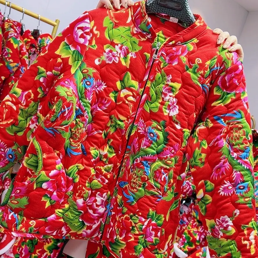 冬季新款对襟盘扣东北大花棉袄男女同款保暖棉服外套