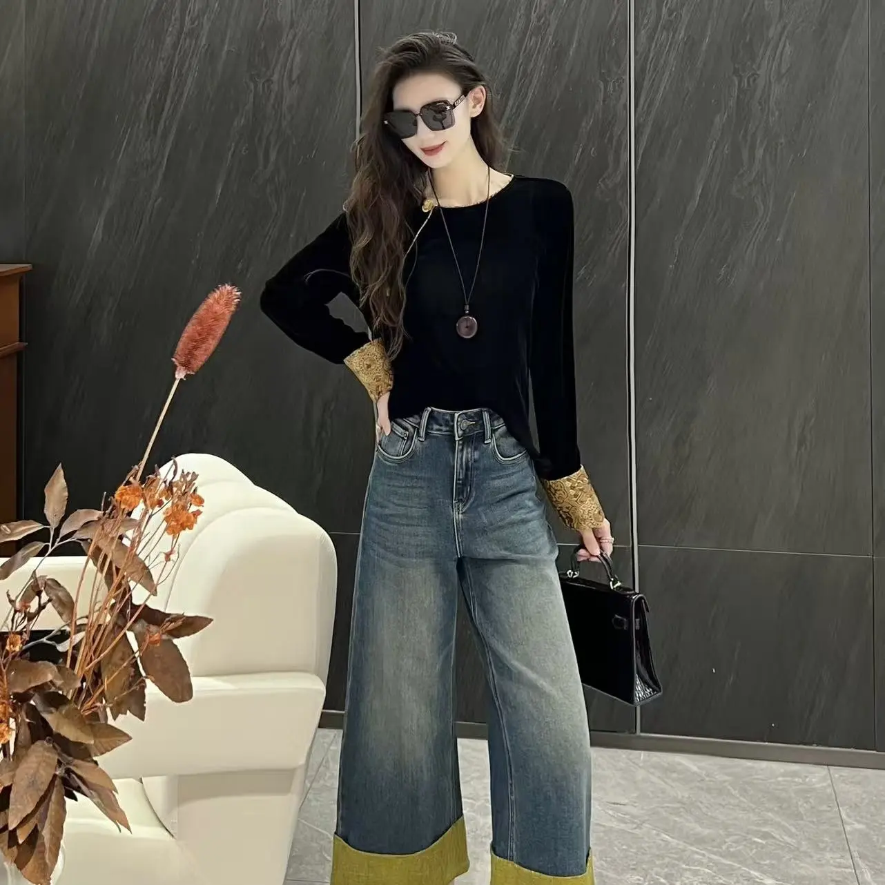 冬新款加绒高腰拼色提花8分直筒阔腿牛仔裤休闲裤子阔腿裤36771