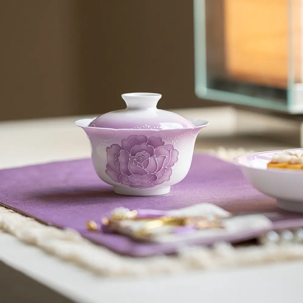 玫瑰花盖碗功夫茶具家用花口泡茶碗