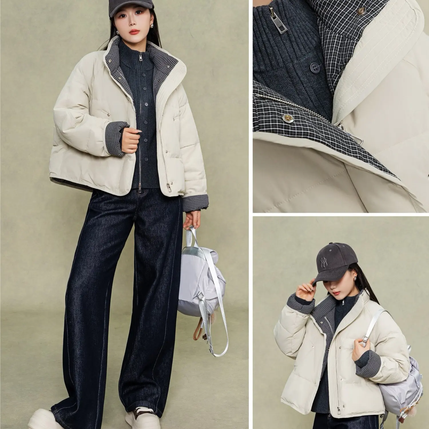 湖南她之蝶25冬2254160格子拼接立领短款保暖棉服外套显瘦百搭