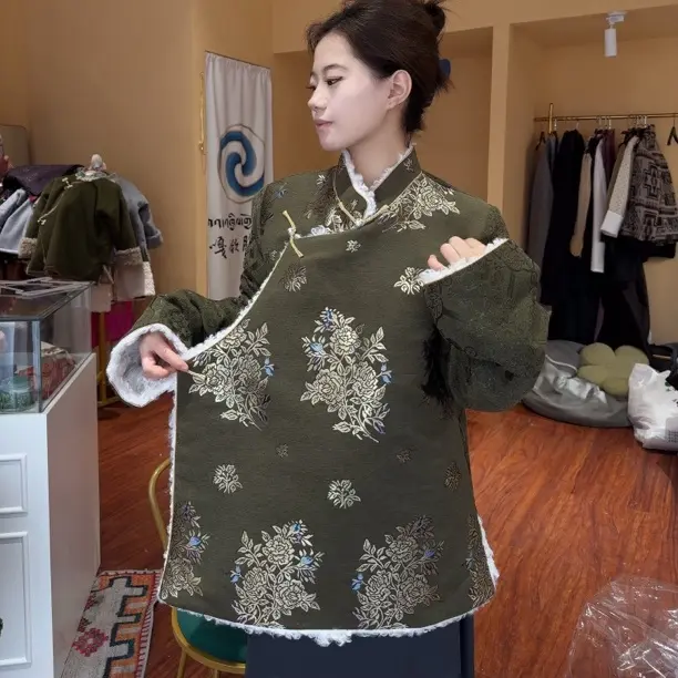 女士冬季加绒加厚藏袍民族服饰康巴风格保暖藏式服装手工盘扣