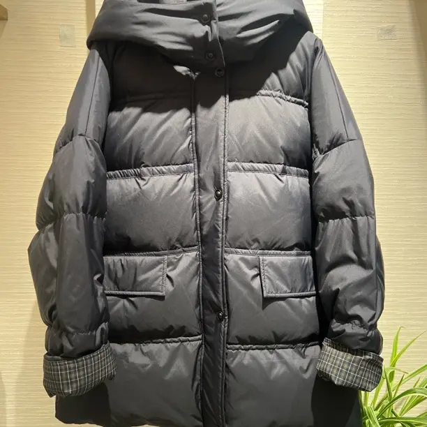 芭家25年藏青蓝色连帽白鸭绒服立领拼接韩系冬季保暖运动羽绒1499