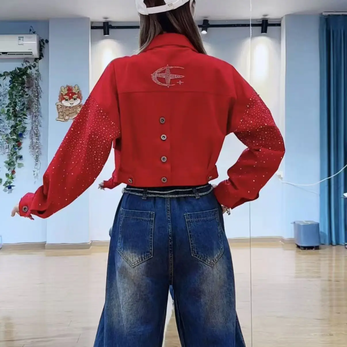 (580)水洗棉烫钻夹克外套春秋时尚潮流舞蹈上衣