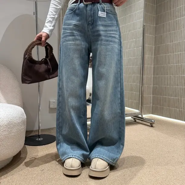 加绒9335复古阔腿牛仔裤