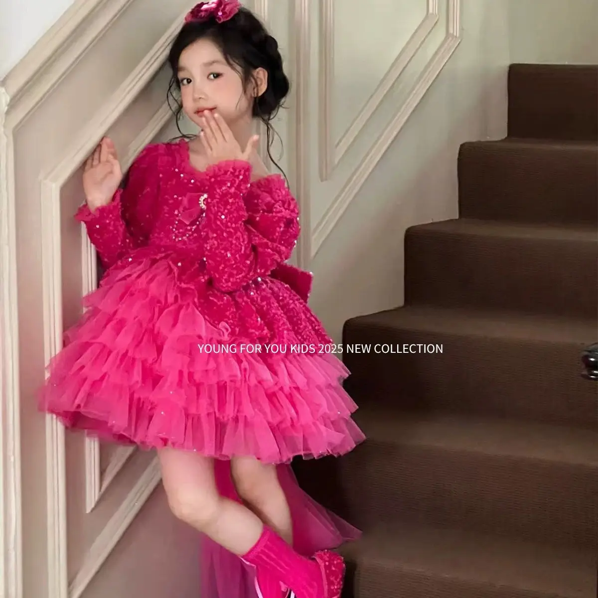 YFY女童秋冬粉色芭比蓬蓬公主裙新年生日礼服亮片蛋糕裙高级洋气